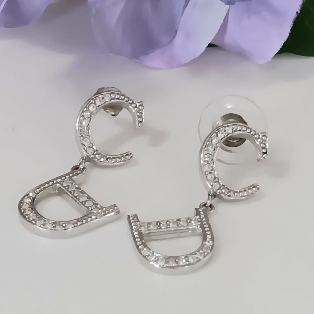 Christian Dior Silver CD Logo Rhinestone Drop Earrings Like New Y2K ✨ - Picture 3 of 12